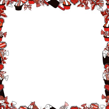 Elle çizilmiş çerçeve karalaması ile vektör arkaplan kusursuz desen. Kroşe çerçevesi kırmızı, siyah ve beyaz sınırdan oluşur. Kusursuz..