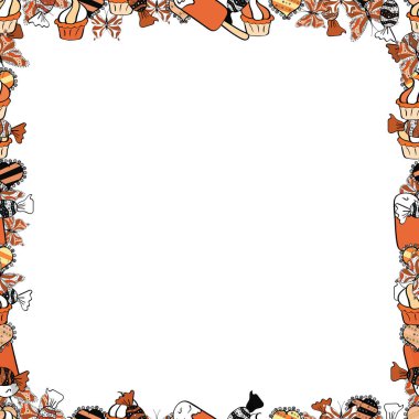 Seamless modeli. Vektör çizim. Doodle kare. Beyaz, turuncu ve siyah renklerde illüstrasyon.