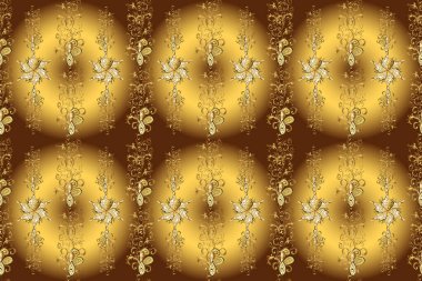 Sarı, bej ve kahverengi renklerde altın elementlerle kusursuz klasik desen. Noel, kar tanesi, yeni yıl. Sarı, bej, kahverengi ve altın elementlerle altın rengi desenli..