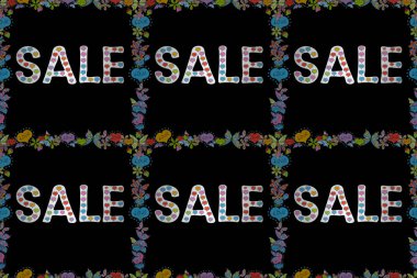 Kusursuz. Basit yamalar, afişler, güzel sanat tarzında rozetler. Mektup. Mavi, siyah ve beyaz renkli bir resim. Satış afişi şablonu tasarımı. Raster..