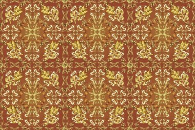 Kusursuz desenli oryantal süs. Çiçek kiremitleri. Altın elementlerle bej, kahverengi ve sarı renklerde altın desenler. Raster altın tekstil baskısı. İslam tasarımı.