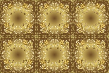 Sarı, nötr ve kahverengi, altın elementli, kusursuz altın desenli. Tekrarlayan elementlerle soyut arkaplan oluşturun. Raster illüstrasyonu. Kusursuz, klasik altın desen..