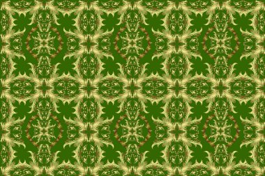 Süslü dekorasyon. Raster illüstrasyonu. Damask altın soyut çiçek deseni yeşil, sarı ve nötr renklerde.