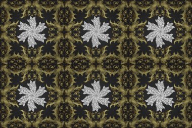 Tarafsız, gri ve sarı renklerde altın sarısı desenler. Kusursuz damaske klasik altın desen. Tekrarlayan elementlerle soyut arkaplan oluşturun. Raster illüstrasyonu.