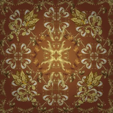 Kusursuz vektör arkaplanı. Bej, sarı ve kahverengi renklerde grafiksel, pürüzsüz desen. Duvar kâğıdı barok, İspanyol kumaşı. Kusursuz çiçek deseni.