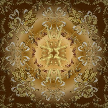 Vektör. Geleneksel, etnik, Türk, Hint motifleri. Bej, kahverengi ve sarı süslemeli, çiçeksiz desenli. Kumaş ve tekstil için harika, duvar kağıdı, ambalaj ya da her istenen fikir için. Eski.
