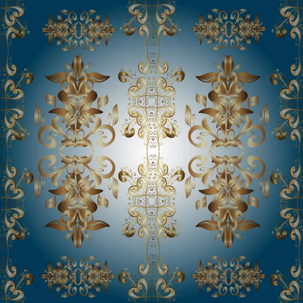 ヴィンテージのカワイイシームレスなパターンを葉 ベクトルスケッチ ヴィンテージスタイルで かわいい葉 渦巻き 複雑な美しい装飾を描いた手でベクトルベージュ 青とニュートラルな葉の背景 — ストックベクタ