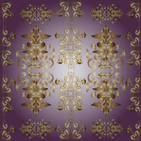 鮮やかなレース 様式化された花 ペイズリー 東洋スタイルのアラベスク 黄金の要素と紫の色のシームレスなパターン ベクトル 透かし彫り繊細な金色の模様 シームレスな金色のテクスチャカール — ストックベクタ