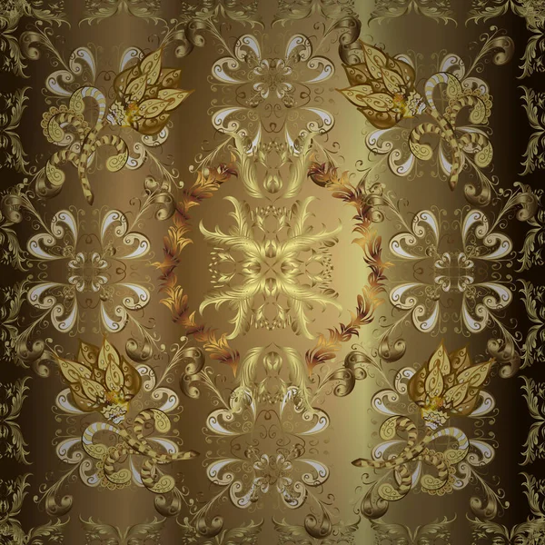 纺织品 包装用无缝线质感 古典豪华的老式花缎装饰品 皇家维多利亚女王 米黄色和棕色的图片 达摩无缝图案背景 — 图库矢量图片