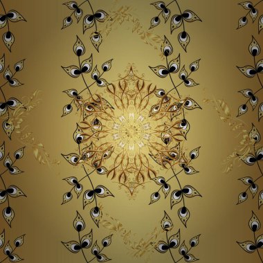 Tarafsız, bej ve sarı renklerde altın elementlerle kusursuz bir desen. Geleneksel oryantasyon süsü. Klasik klasik klasik arka plan. Kusursuz klasik vektör altın deseni.