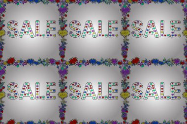 İndirim harfleri mor, beyaz ve siyah renklerde. Kusursuz desen. Raster. Projeniz için tarz geçmişine sahip koleksiyon, ticari afiş, flayer, animasyon, reklam, satış, çerçeve.