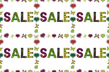 Yeşil, beyaz ve siyah renkli resim. Rengarenk elementlerin çerçevesini süsleyin. Kusursuz desen. Mevsimlik indirimler ayarlandı. Satılık. Harf.