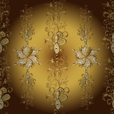 Eski model sanat tasarımı. Ambalajlar, duvar kağıtları, kumaş tasarımı ve kağıt için hoş bir arkaplan. Kusursuz. Bej, sarı ve kahverengi renklerde Art Deco Deseni. Vektör illüstrasyonu.