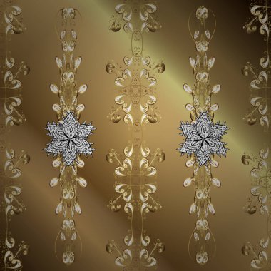 Klasik lüks, eski moda İspanyol aksesuarı, kraliyet Victoria mezhebi. Kahverengi ve bej renkli resimler. Vektör damaskesiz şablon arkaplanı. Zarif çiçekli barok şablonu. Kusursuz doku.