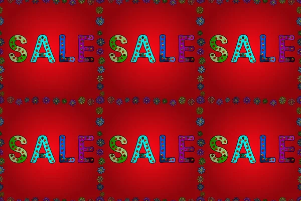 无缝图案 营销条幅在流行风格的设计 生动的大理石纹理光栅插图 季节性销售的结束 拉斯特框架 用红色 蓝色和绿色说明 — 图库照片