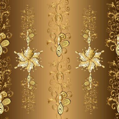 Sarı, kahverengi ve bej renklerde altın elementlerle kusursuz desen. Şam tasarım için kusursuz desen.