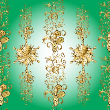 Arkaplan, kumaş, altın duvar kağıdı. Düz elle çizilmiş klasik koleksiyon. Altın desenli yeşil, mavi ve nötr renklerde altın elementler. Vektör altın pürüzsüz desen.