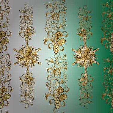 Vektör doğu süsü. Kusursuz altın desen. Beyaz, yeşil ve nötr renklerde altın elementlerle kusursuz desen.