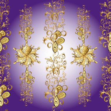 Kusursuz desenli oryantal süs. Vektör altın tekstil izi. Çiçek kiremitleri. İslam tasarımı. Kahverengi, mor ve nötr renklerdeki altın desenler altın elementlerle.