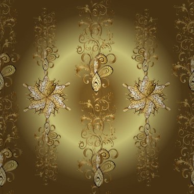 Tarafsız, kahverengi ve sarı renklerde altın desenli altın elementler. Kusursuz altın desen. Vektör oryantal süsü.