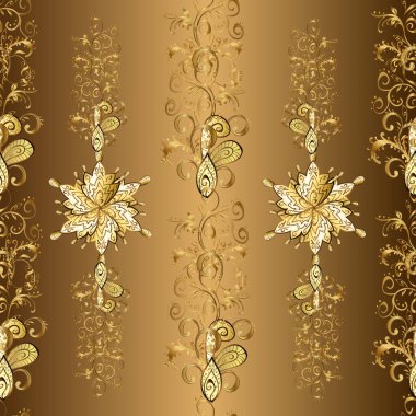 Altın desenli çiçek dekoru. Kahverengi, sarı ve bej renklerde altın element. Çizgi sanatı tasarım şablonu için kusursuz sınır. Davetiyeler, kartlar, web sayfası için vektör illüstrasyonu. Doğu tarzı ögesi