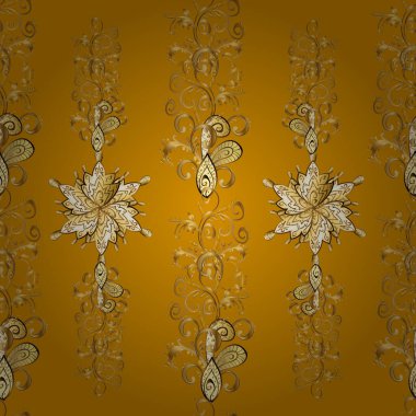Vektör altın çiçek süsü brokar kumaş ve cam desenli. Kusursuz altın desen. Çiçek desenli altın metal. Altın elementli bej, sarı ve kahverengi renkler.