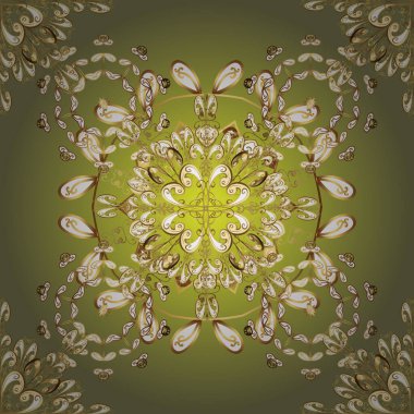 Kusursuz klasik vektör altın deseni. Vektör çizimi. Sarı, yeşil ve kahverengi renklerde altın elementlerle kusursuz desen. Geleneksel oryantasyon süsü. Klasik vintage arkaplan.