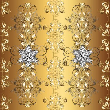 Noel altın kar tanesi kusursuz desen. Kahverengi, sarı ve bej renklerde altın kar taneleri. Kış kar dokusu duvar kağıdı. Sembol bayramı, Yeni Yıl Altın Düzeni kutlaması.