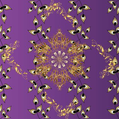 Çizgi sanatı tasarım şablonu için kusursuz sınır. Doğu tarzı element. Altın desenli çiçek dekoru. Davetiyeler, kartlar, web sayfası için vektör illüstrasyonu. Mor, mor ve gri renklerde altın element