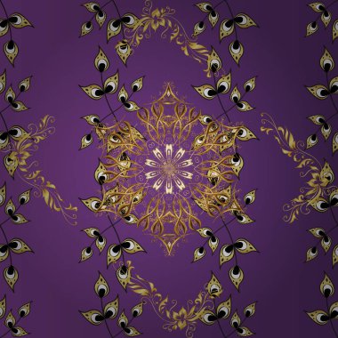 Vektör altın pürüzsüz desen. Kusursuz altın desenli bukleler. Doğu tarzı arabesk tarzında altın elementler. Mor, mor ve gri renklerde pürüzsüz desen.