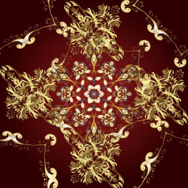 Kahverengi, kırmızı ve sarı renklerde, altın elementli klasik, pürüzsüz desen. Vektör illüstrasyonu.