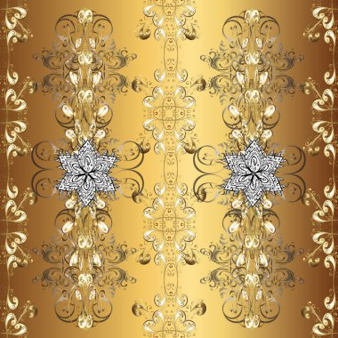 Kusursuz altın desen. Vektör altın çiçek süsü brokar kumaş ve cam desenli. Çiçek desenli altın metal. Kahverengi, sarı ve bej rengi altın elementlerle.