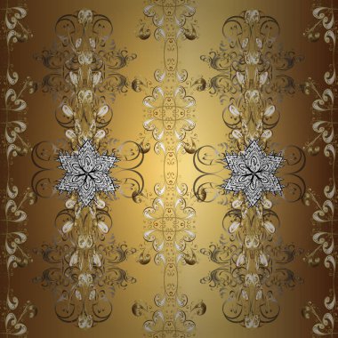 Vektör altın pürüzsüz desen. Kusursuz altın desenli bukleler. Doğu tarzı arabesk tarzında altın elementler. Kahverengi, sarı ve bej renklerde pürüzsüz desen.