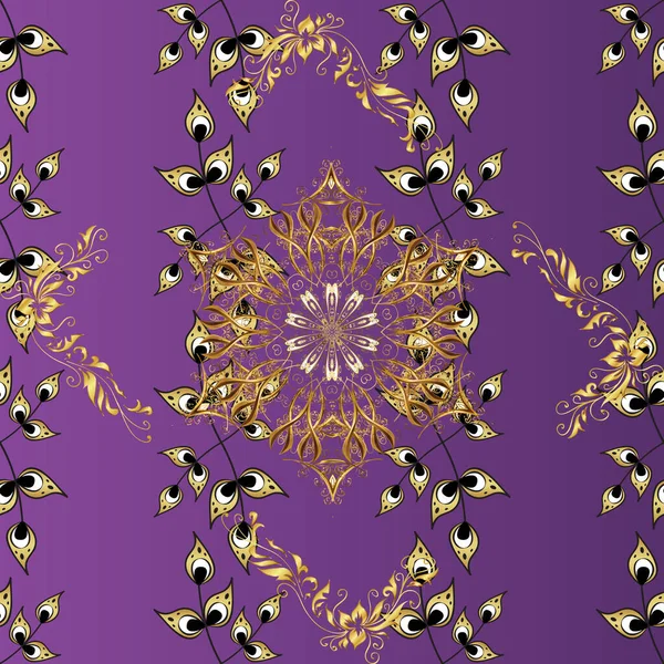 Çizgi sanatı tasarım şablonu için kusursuz sınır. Doğu tarzı element. Altın desenli çiçek dekoru. Davetiyeler, kartlar, web sayfası için vektör illüstrasyonu. Mor, mor ve gri renklerde altın element
