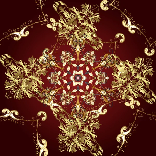 Kahverengi, kırmızı ve sarı renklerde, altın elementli klasik, pürüzsüz desen. Vektör illüstrasyonu.