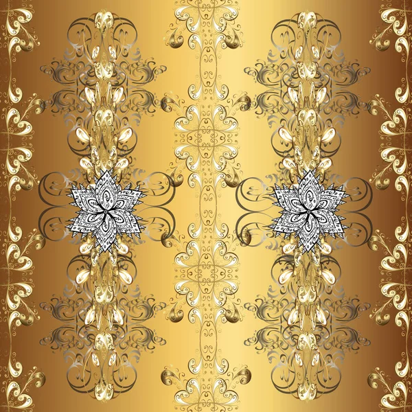 Kusursuz altın desen. Vektör altın çiçek süsü brokar kumaş ve cam desenli. Çiçek desenli altın metal. Kahverengi, sarı ve bej rengi altın elementlerle.