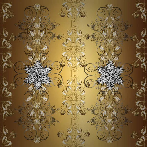 Vektör altın pürüzsüz desen. Kusursuz altın desenli bukleler. Doğu tarzı arabesk tarzında altın elementler. Kahverengi, sarı ve bej renklerde pürüzsüz desen.