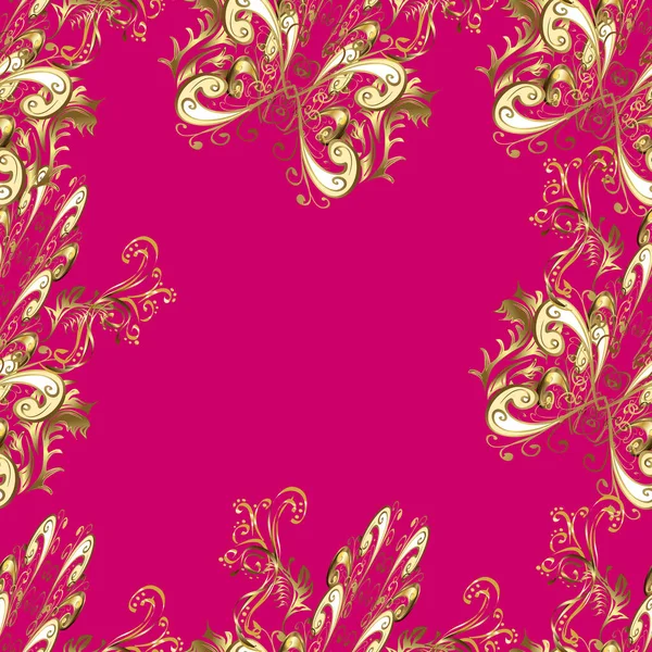 Fantasia Floreale Barocca Vintage Senza Cuciture Oro Magenta Beige Giallo — Vettoriale Stock