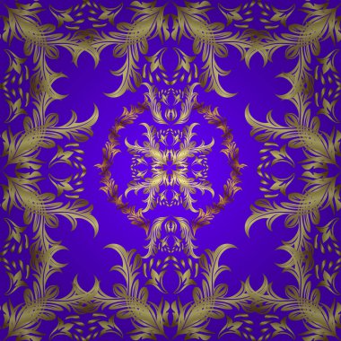 Doğu 'da klasik tasarım öğesi. Çiçek süsüsüyle kusursuz desenli vektör. Süslü dantel iz sürücü. Duvar kâğıdı için altın süslü bir illüstrasyon. Geleneksel Arap dekoru menekşe, sarı renkler.