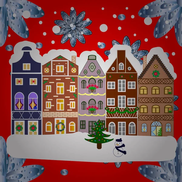 Fir Trees Winter City White Red Brown Trees Cute Houses —  Vetores de Stock