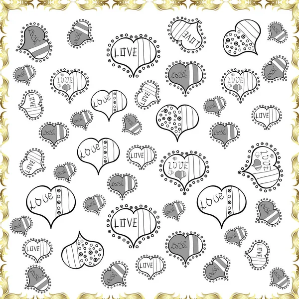 ウェブ テキスタイル ファブリックのためのアート 漫画風の手描きイラスト グレーのグラフィック かわいい文字の書道のテキストと心 封筒とシームレスな愛のパターン ベクトル — ストックベクタ