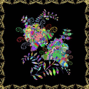 Çiçekli el, pürüzsüz desen çizmiş. Modern yeşil, siyah ve nötr arkaplan duvar kağıdı illüstrasyonları klasik çizgi çizgisi, desenli desenli çiçekler, çiçekli süsler..