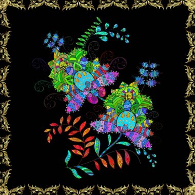 Çiçeksiz desenli nakış işlemeli gelincikler ve vadideki zambaklar. Tekstil tasarımı için mavi, yeşil ve siyah renkli geleneksel halk çiçekleri.