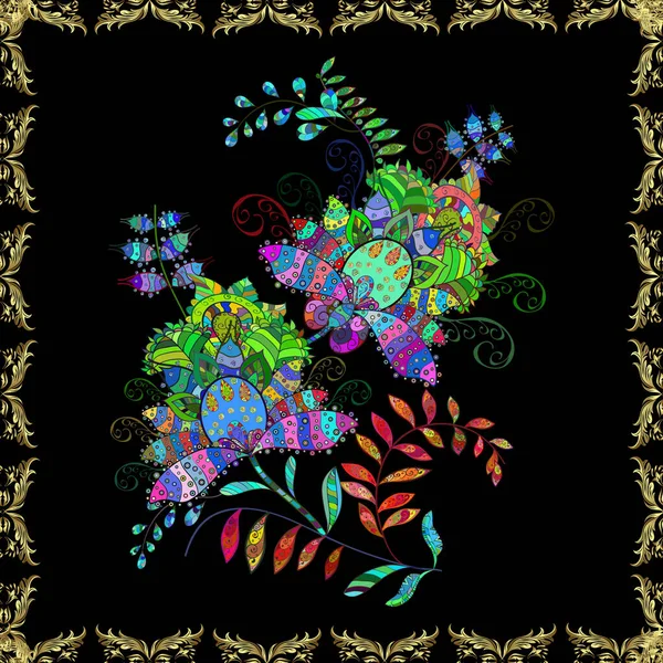 黑色和绿色的花 平面花卉元素设计 色彩春天主题无缝图案背景 植物无缝图案背景 — 图库照片