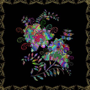 Çiçekler. Soyut etnik vektör kusursuz desen. Vadinin çiçekleri tarafsız, siyah ve yeşil renklerde.