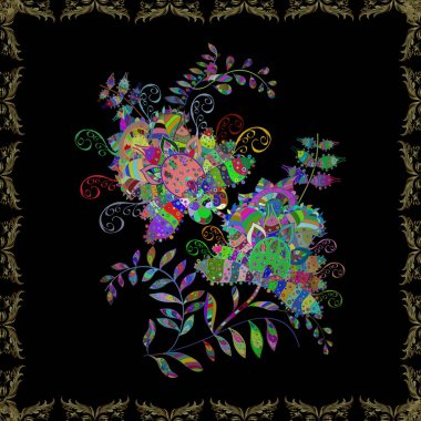 Vektör çizimi. Vektör deseni. Yeşil, nötr ve siyah renklerde. Küçük çiçekteki sevimli çiçek deseni. Soyut çiçek pürüzsüz desen arkaplanı.