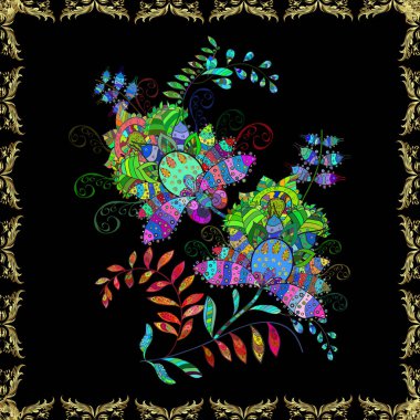 Vektör - stok. Yeşil, siyah ve mavi çiçekli kusursuz desen, suluboya çiçek deseni, şirin çiçek, duvar kağıdı, kart veya kumaş için fayanslı.