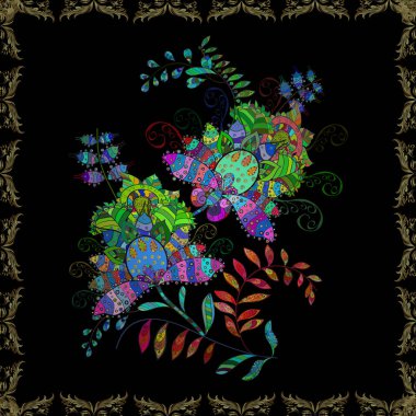 Çiçek desen vektör, yeşil, mavi ve siyah grafik desen soyut vektör arka plan satır. Modern şık doku.