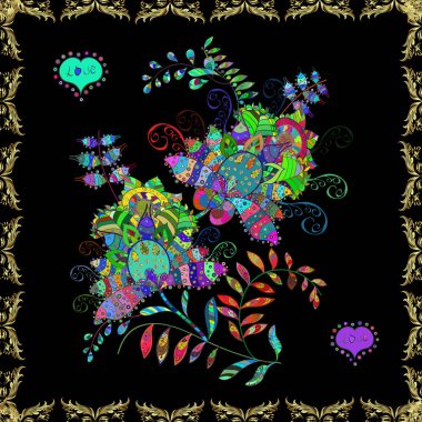 Yaz çiçekleri teması. Mavi, yeşil ve siyah renkler. El çizimi, soyut ve süslü elementler. Suluboya taklit Vektör çizimi. Klasik çiçekler..