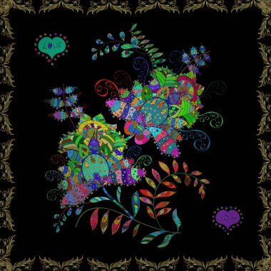 Çiçek ve yapraklı çiçek deseni. Vektör çizimi. Küçük çiçekli şirin desen.